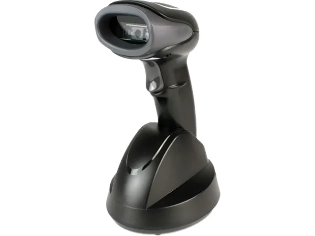 Black handheld 2D Bluetooth barcode scanner with charging cradle