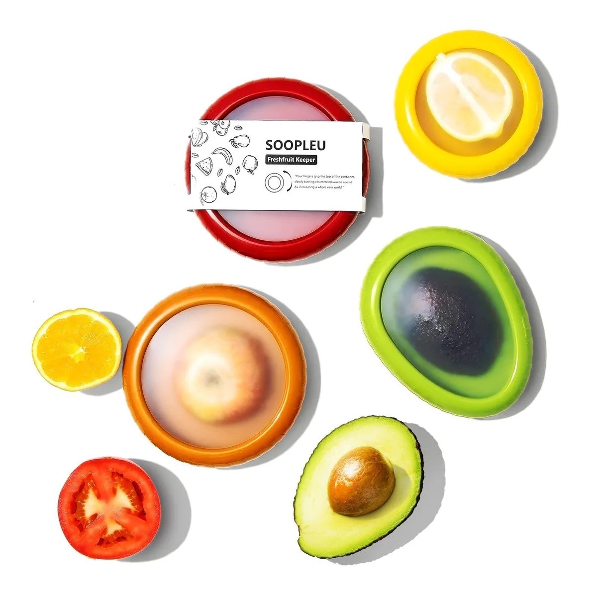 Four round silicone food containers in assorted colours, 4.9 inches wide