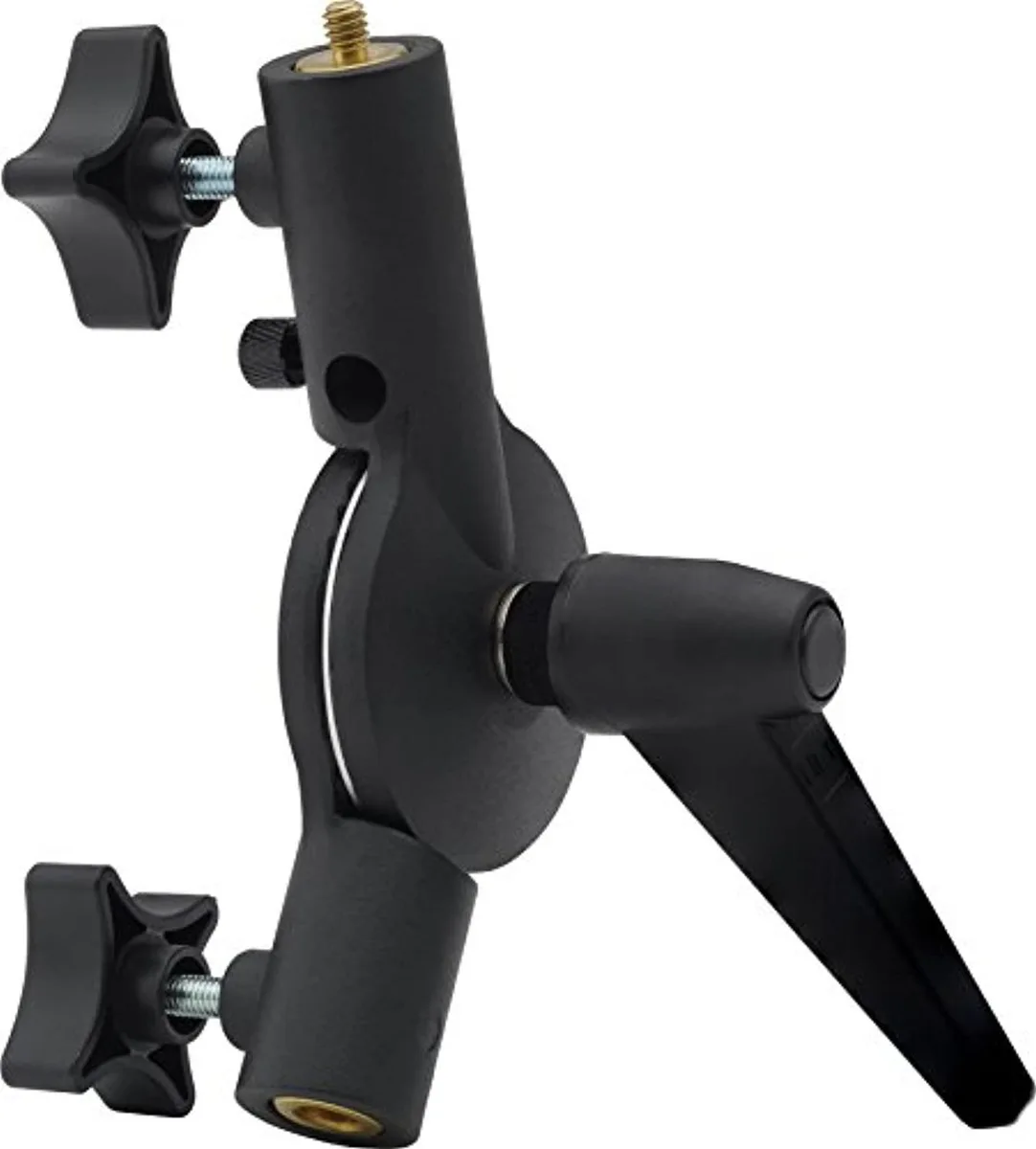Metal tilting adapter with two 5/8 inch studs and threaded mounts for lighting gear