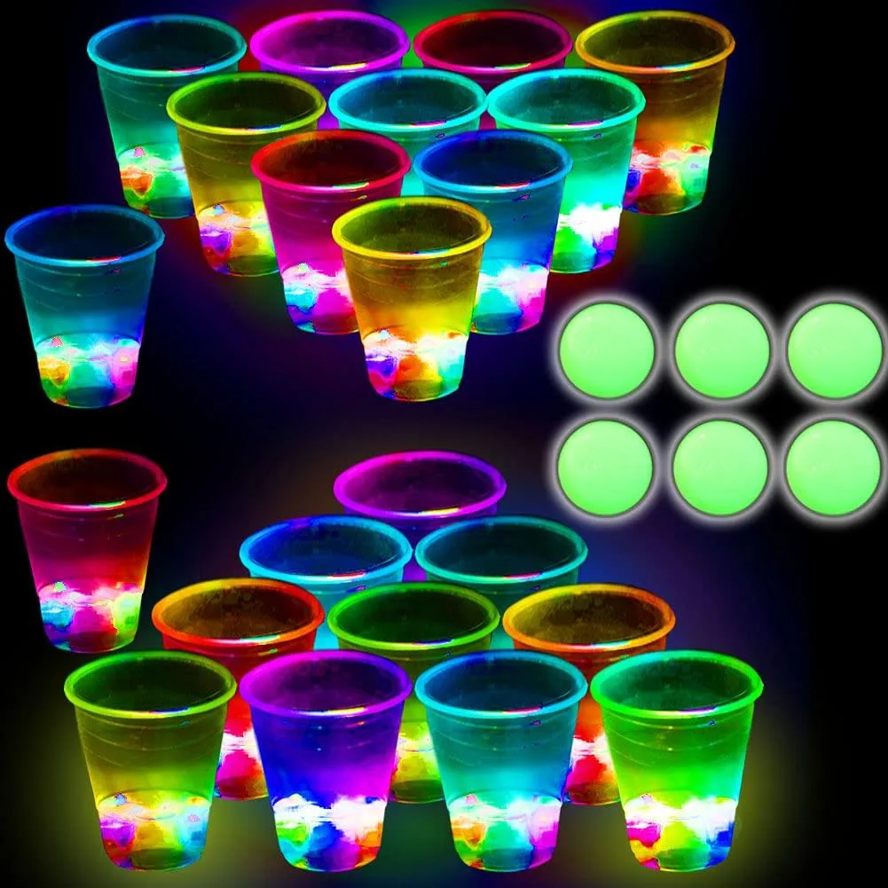 Glowing beer pong set with 22 flashing cups, 6 balls, stickers and storage bag
