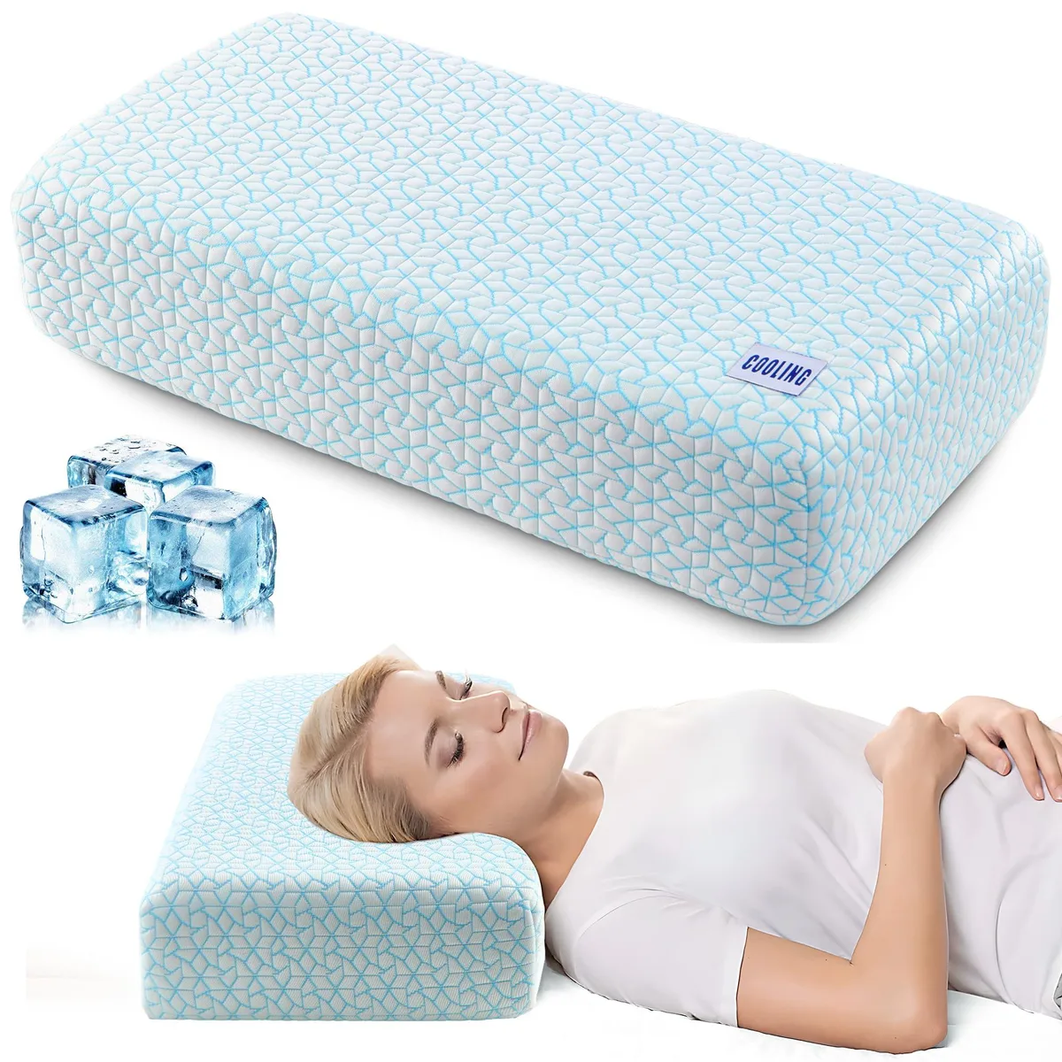 Blue square pillow with cube-patterned surface, 24 by 12 inches