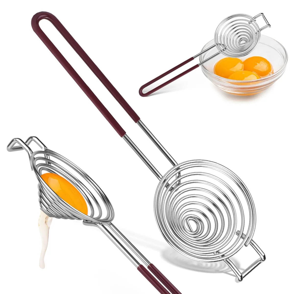 Stainless steel egg separator with long rubber handle and spiral basketweave bowl