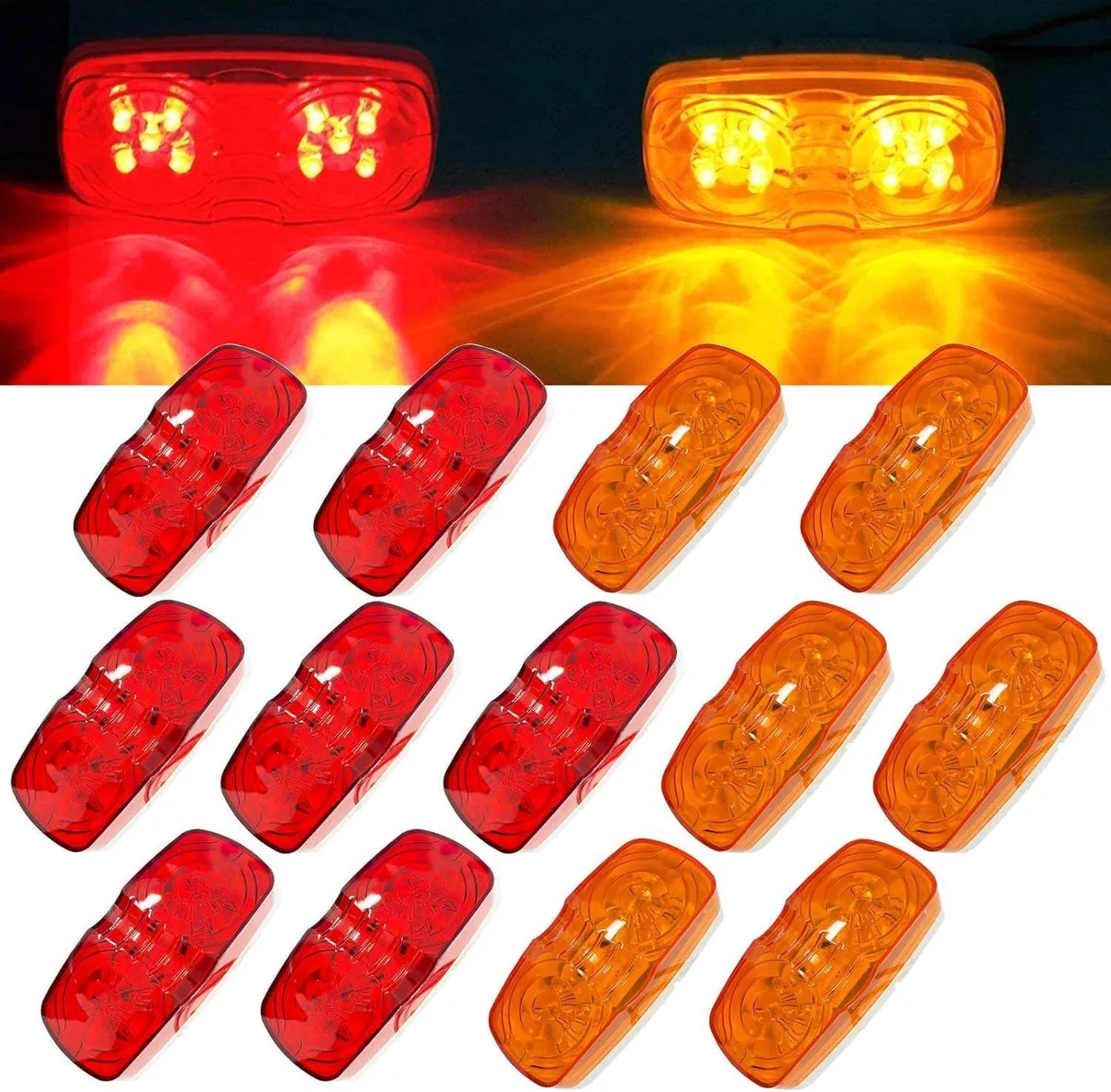 Thirteen rectangular amber and red LED marker lights with clear lenses, surface-mount design, two-wire connection