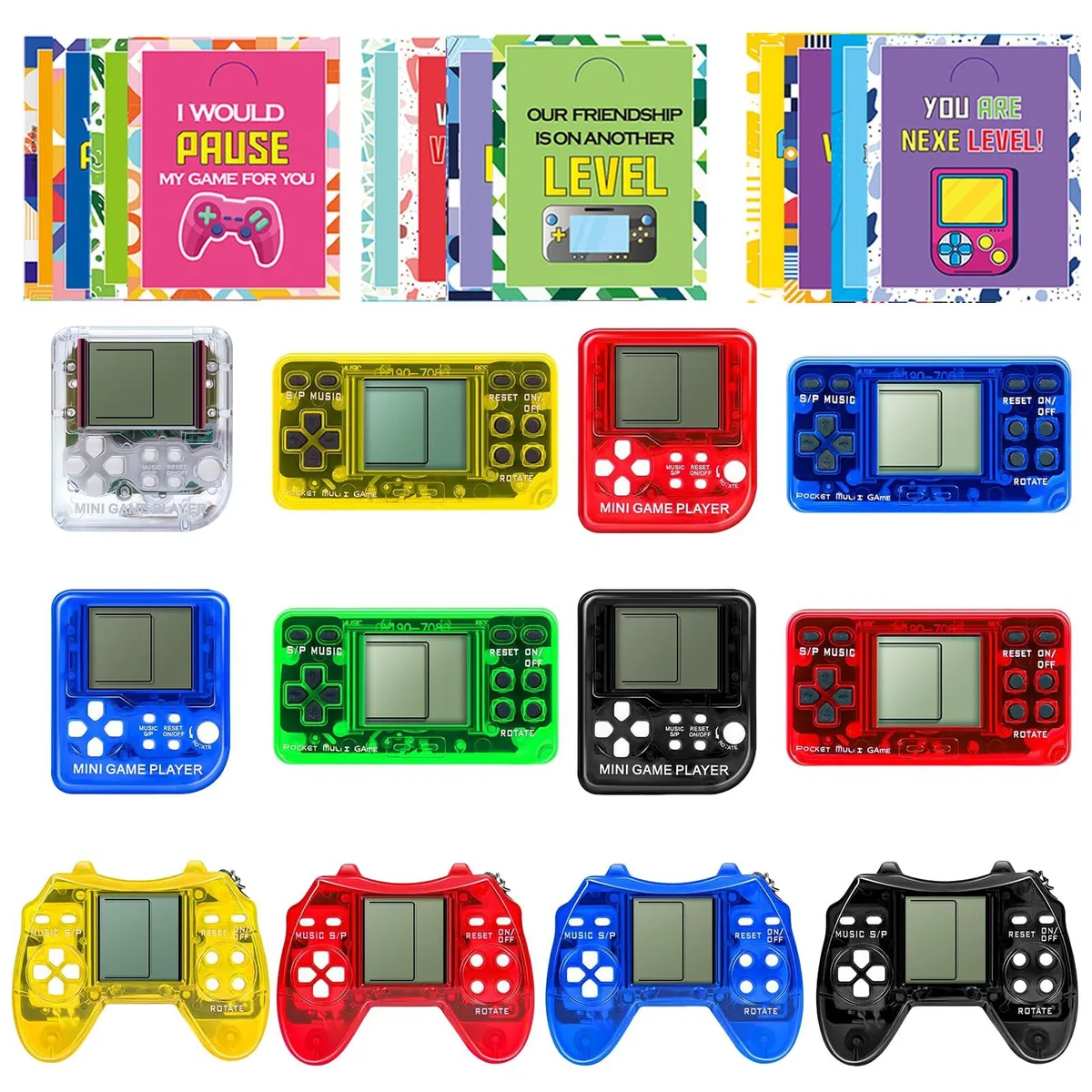 Twelve plastic keychains shaped like mini game controllers in assorted colours with cards
