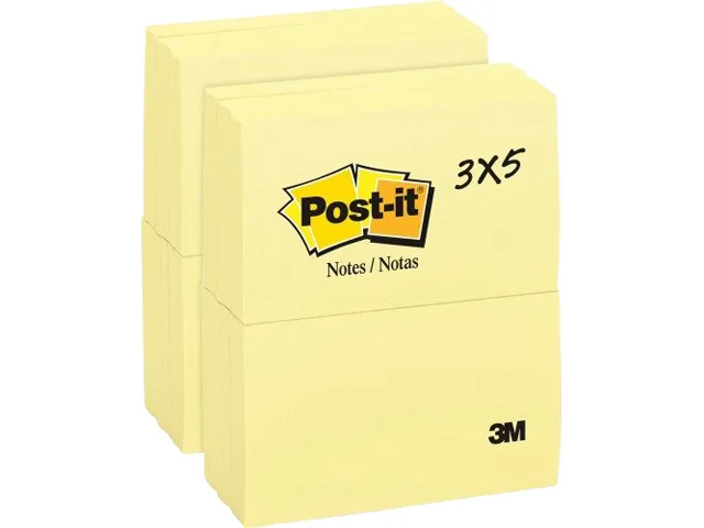 Twenty-four canary-yellow sticky-note pads, each three by five inches, stacked together