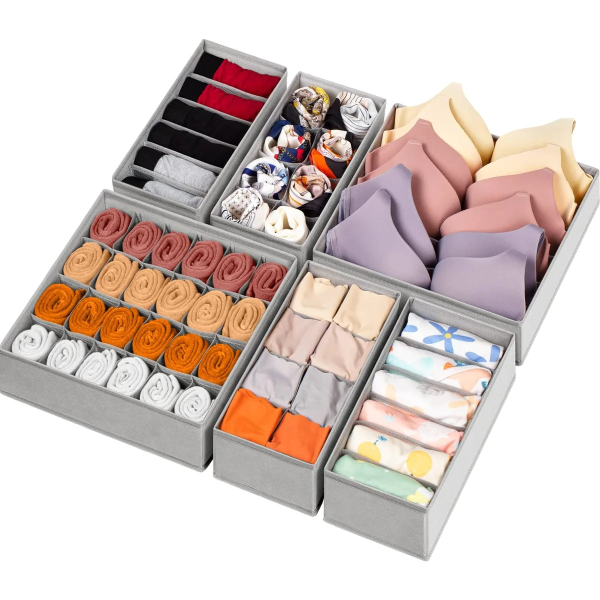Six grey fabric drawer organisers with 58 compartments, foldable non-woven material, plastic side boards, various cell sizes