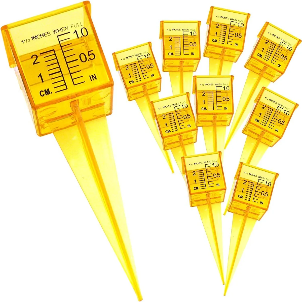Ten bright yellow 1.5 inch transparent plastic rain gauges with molded stakes and black measurement markings