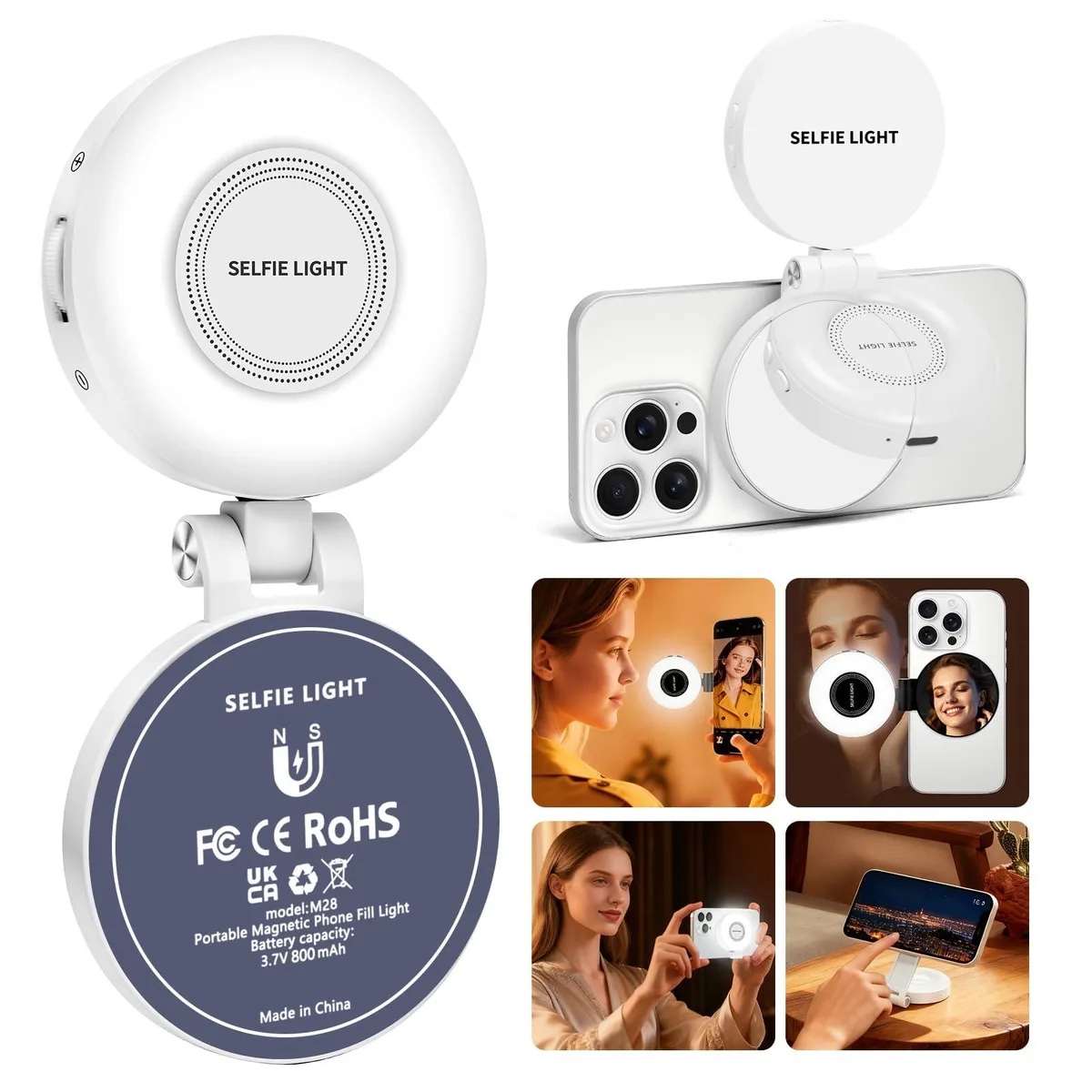  M28-BK Magnetic Selfie Light White 3 Modes 360° Rotatable 90 min Battery — product photo