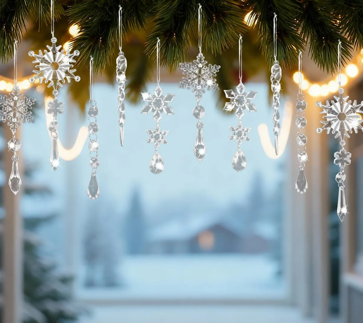 Ten blue acrylic snowflake and icicle ornaments with hanging ribbons