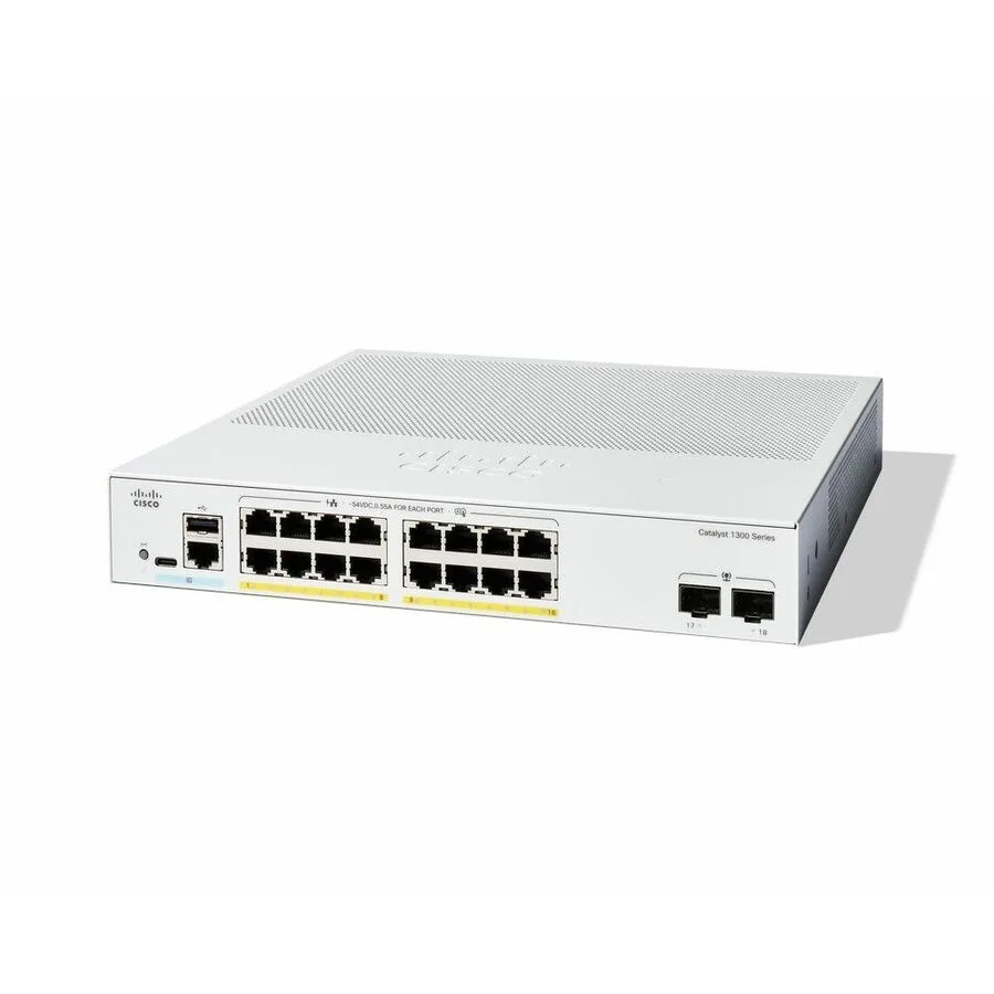 Silver 1U rack-mount switch with 16 RJ45 ports and two SFP slots