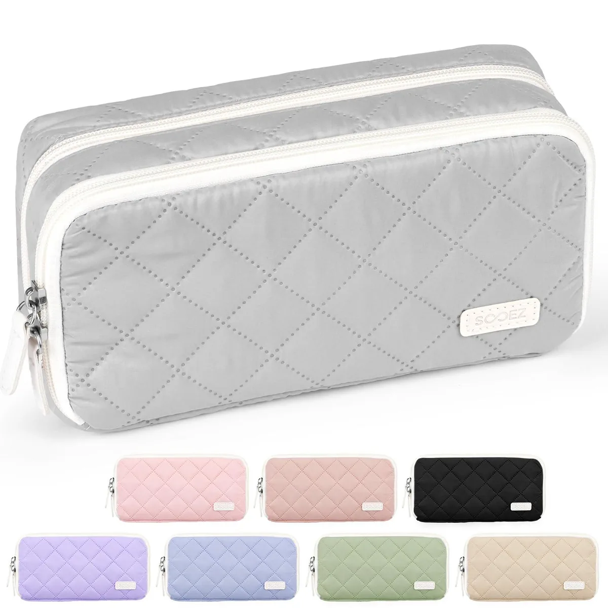 Light green quilted pencil pouch with detachable handle and multiple compartments
