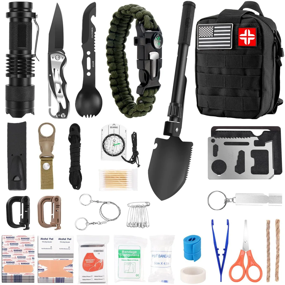 Compact red nylon first-aid pouch with MOLLE straps, 121 pieces inside