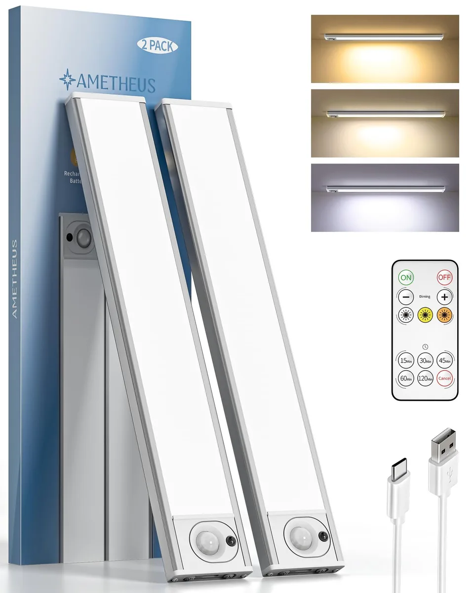 Two slim white 11.8-inch LED bars with magnetic adhesive mounts and a small IR remote