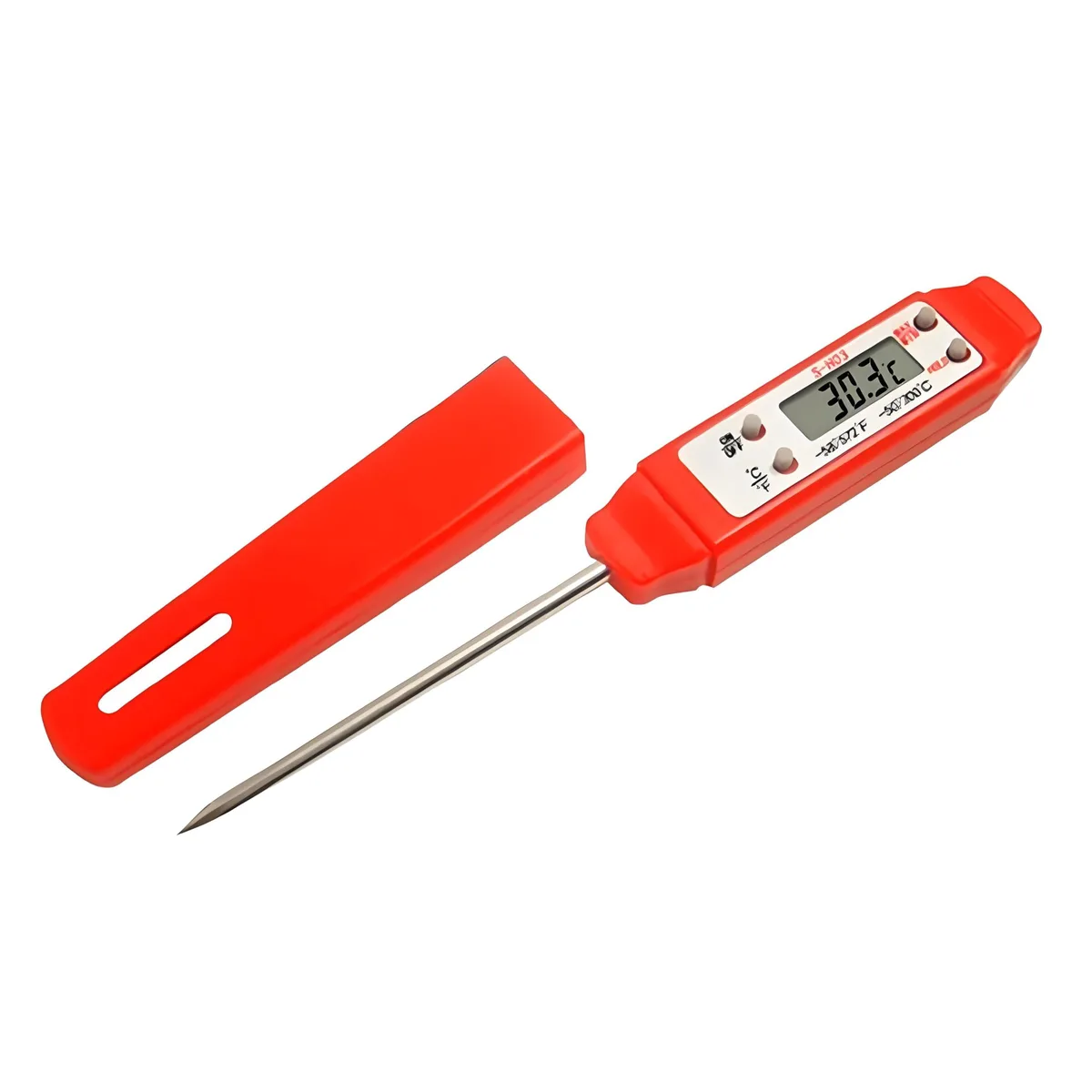 Red pen-style digital thermometer with stainless probe, ABS body, pocket clip
