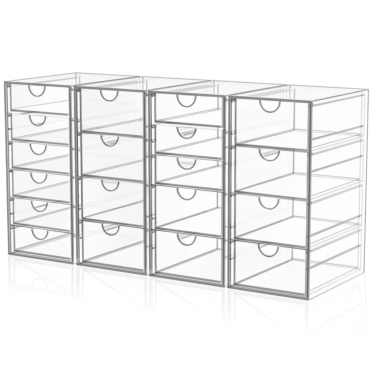 Clear acrylic four-pack organiser with nineteen drawers, transparent finish, rectangular shape