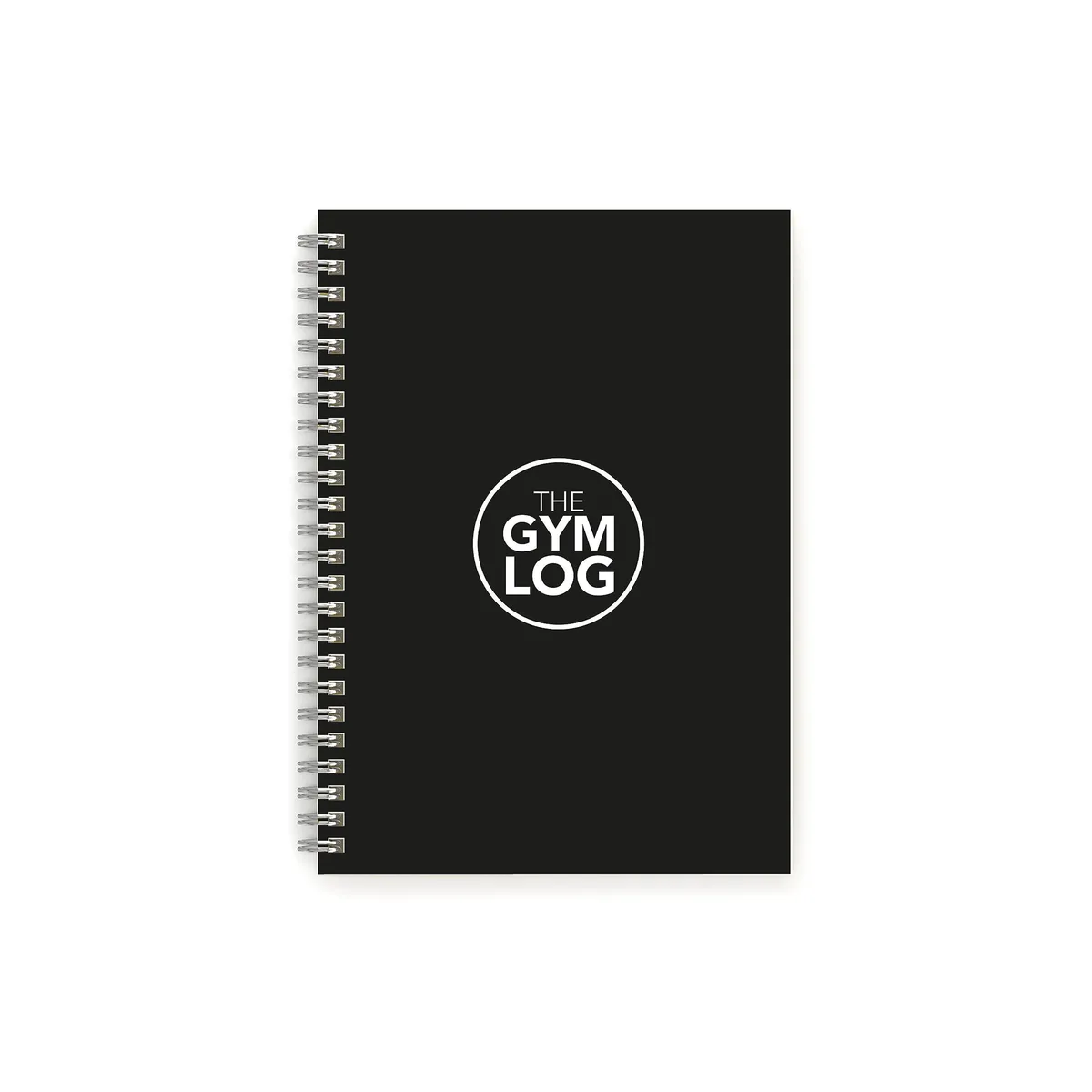 A5 gym log planner with white plastic cover, spiral bound, 104 pages for 100 workouts