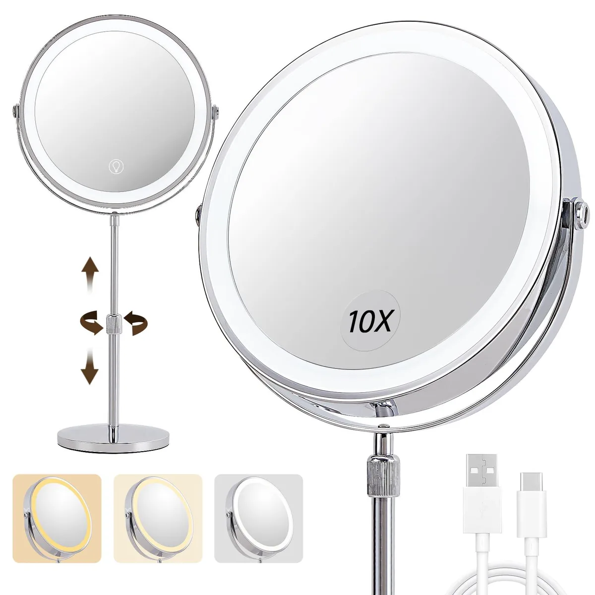  BALUXCA 9" 1X/10X Dual-Sided Lighted Makeup Mirror Chrome 3000mAh 360° Adjustable 16-20 — product photo