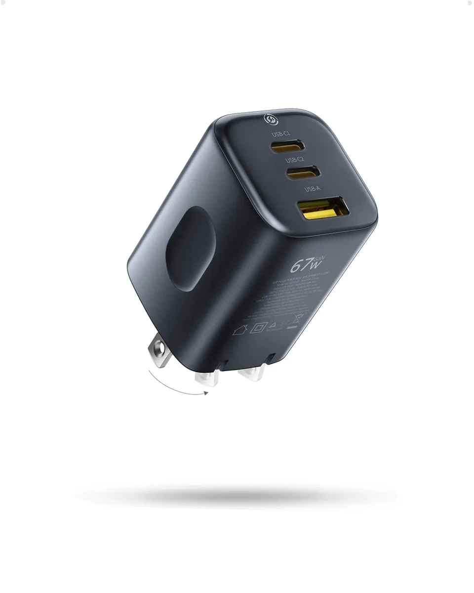 Compact white 67W USB-C charger with three ports and foldable plug