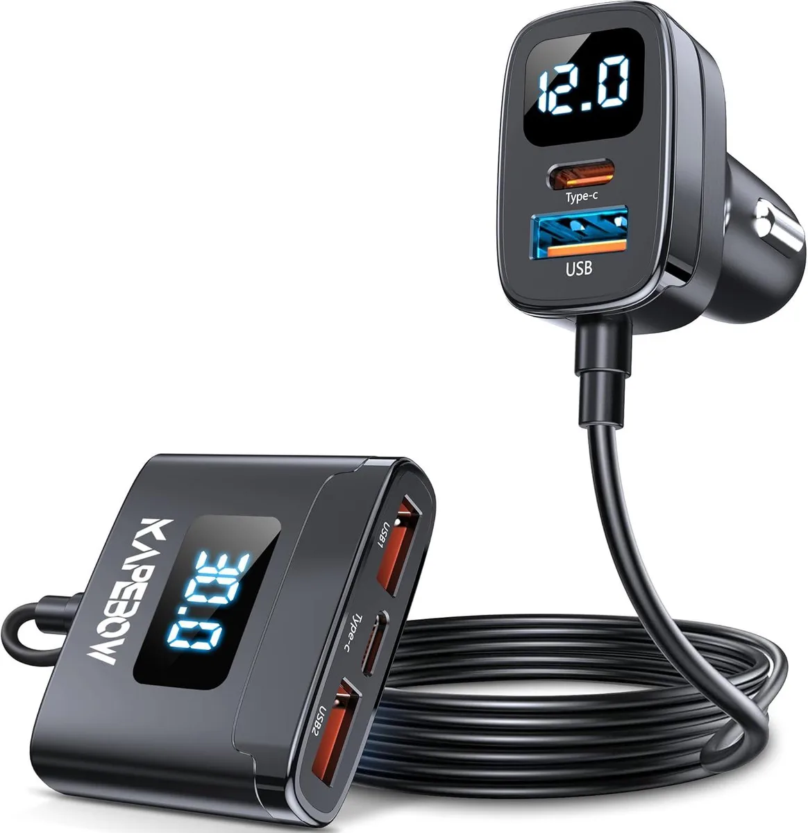 PISKEKAT PISKEKAT 78W 5-Port USB-C Car Charger 5ft Extension Voltage Display — product photo