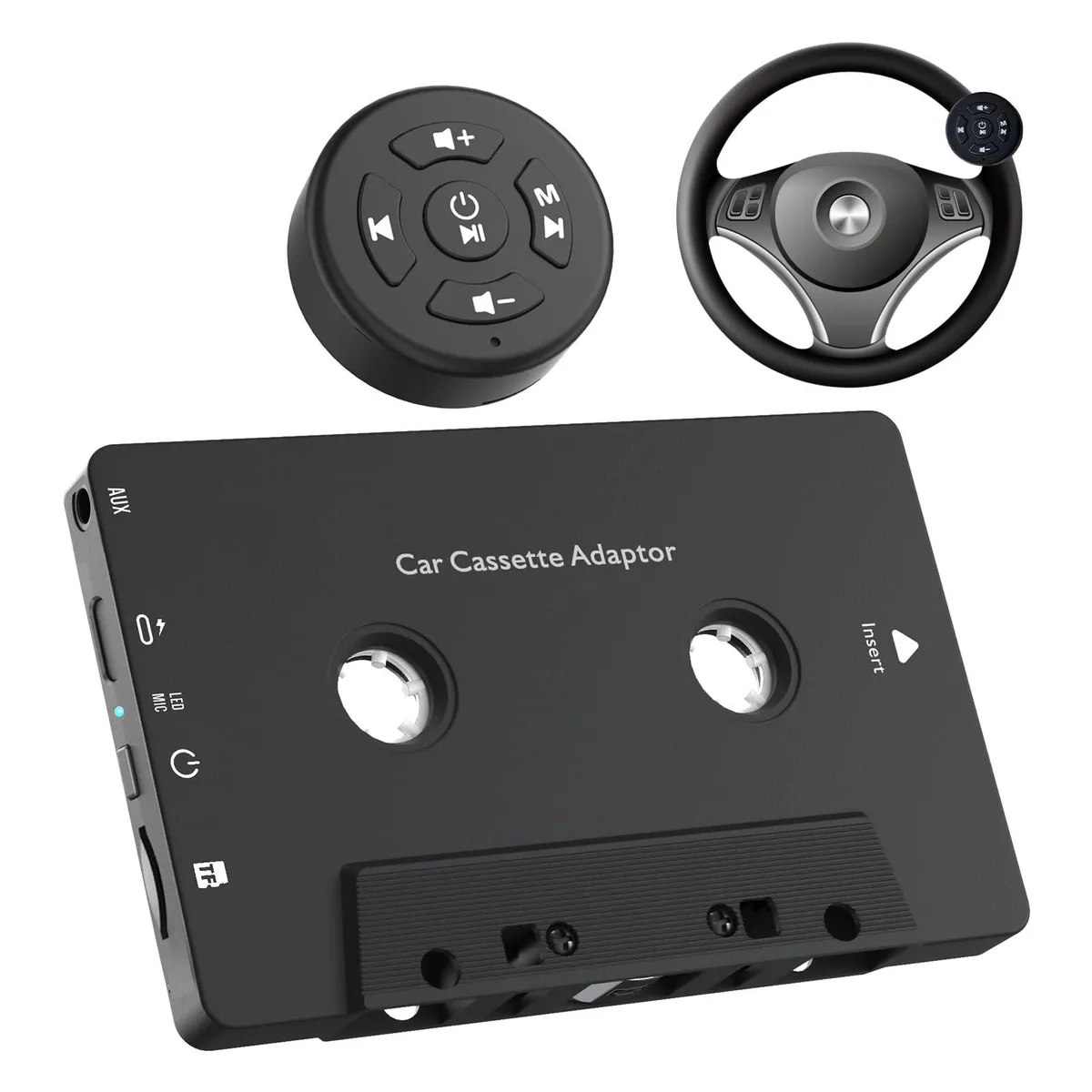 Black plastic cassette-shaped Bluetooth 5.1 adapter with steering wheel remote ring
