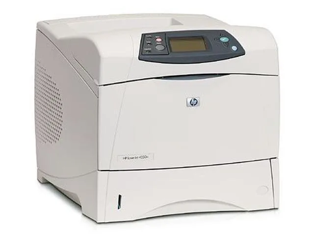 White boxy office laser printer with front paper tray and toner bundle