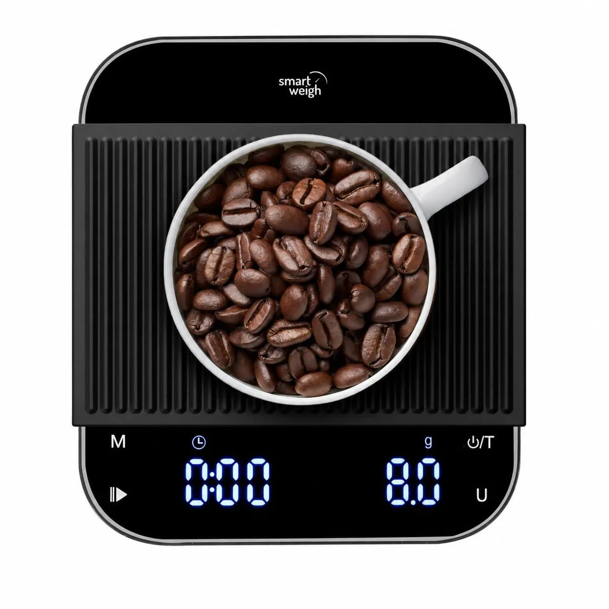 Black rectangular coffee scale with stainless steel platform, LED display and rubber mat