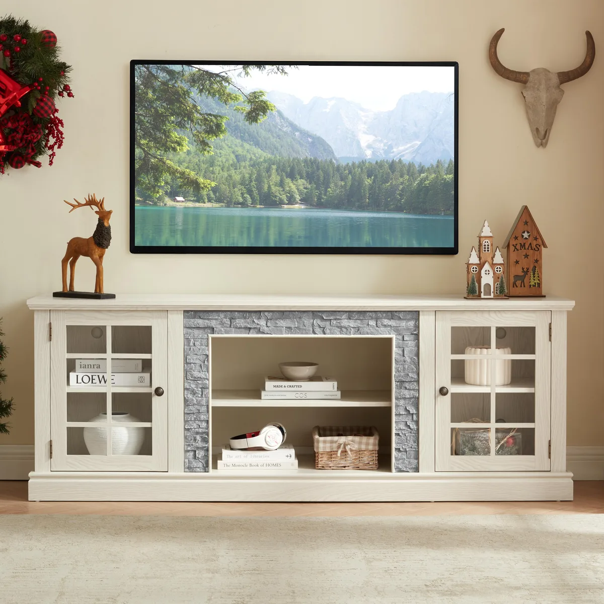 tuphen tuphen 70" TV Stand White 2-Door Storage Faux Stone 70.12"W Fits 75" TV — product photo