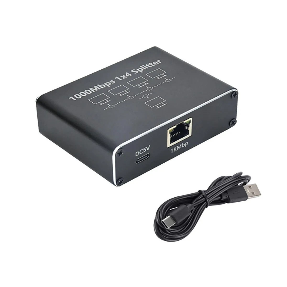 Small black box with five RJ45 ports and a USB-C power socket