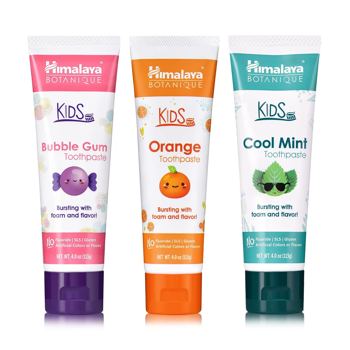 Three 4 oz tubes of kids fluoride-free toothpaste in bubble gum, orange and cool mint flavors
