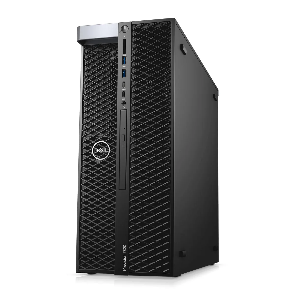 Large black tower workstation chassis with front panel vents and Dell badge