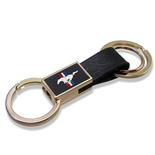 iPick Image, LLC iPick Image, LLC Ford Mustang Tri-Bar Key Chain Black Leather Gold Metal — product photo