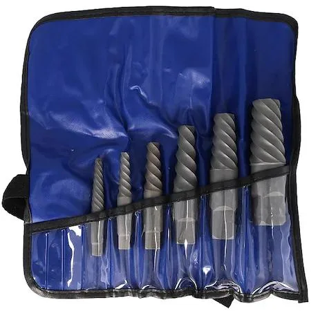 Six spiral-flute screw extractors in a wood block, high-speed steel finish
