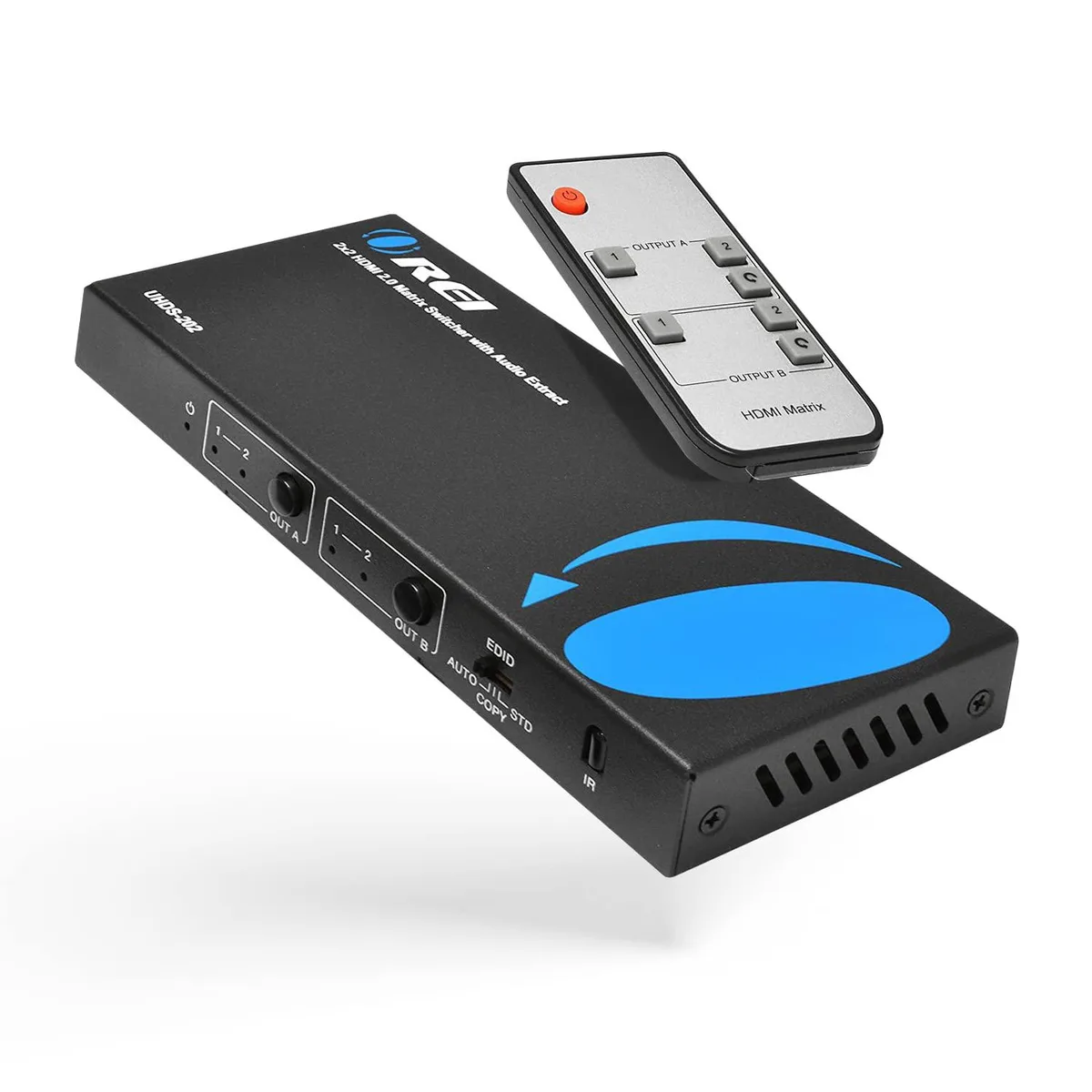 Black rectangular HDMI matrix switch with four ports and IR remote