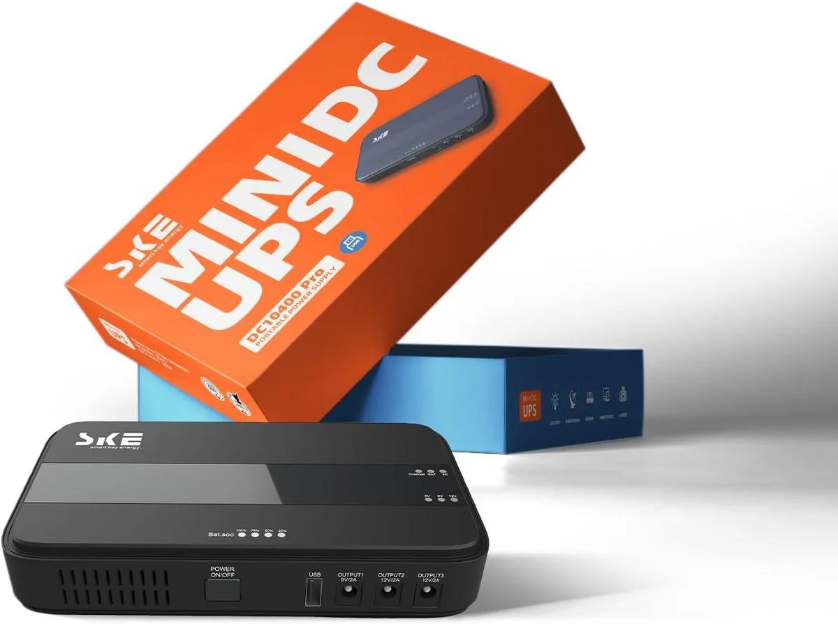 Compact rectangular mini UPS with indicator lights, four output ports and matte finish