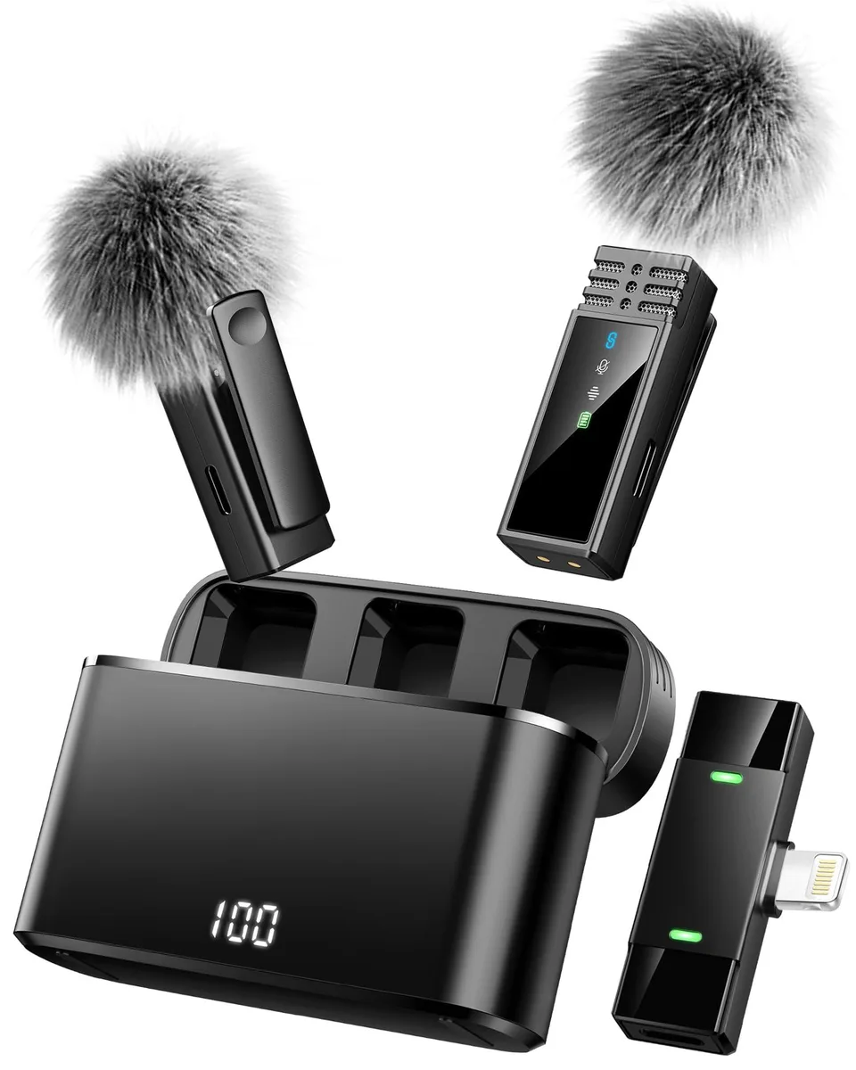 Ntaanoo J68 Wireless Lavalier Microphone iPhone 14/13/12/11 Lightning 70dB SNR Black — product photo