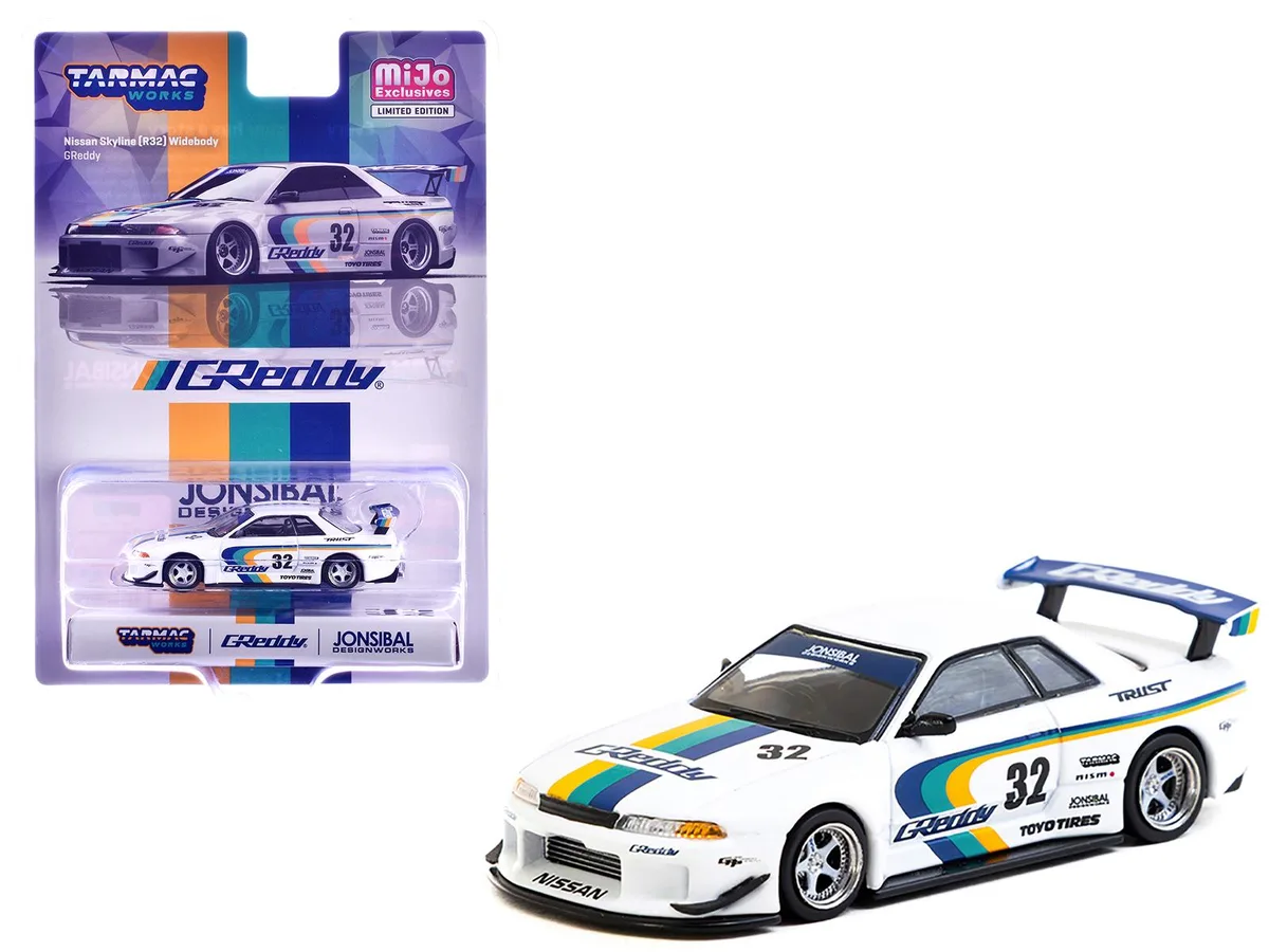 Tarmac Works Tarmac Works Nissan Skyline GT-R R32 Widebody #32 Greddy White Stripes 1/64 Diecast Hobby Collectible — product photo