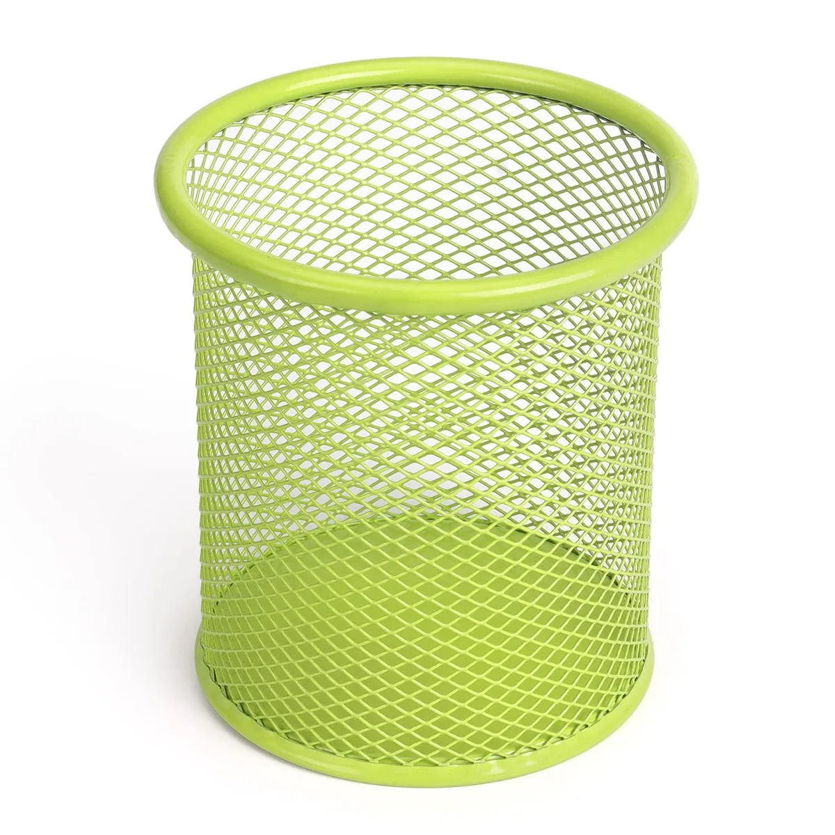 Green wire-mesh pen holder, cylindrical, 3.5 by 3.9 inches