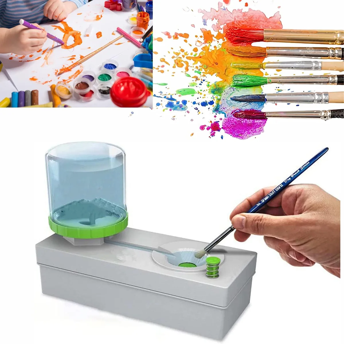 White plastic brush rinser with water bottle, 7.4 by 3.2 by 3.9 inches