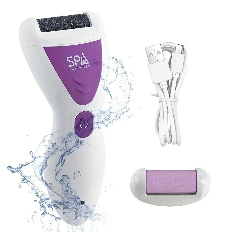 White plastic handheld callus remover with two interchangeable diamond-coated roller heads and USB charging port