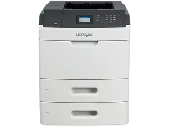 White rectangular Lexmark laser printer with integrated 550-sheet paper tray and color LCD display