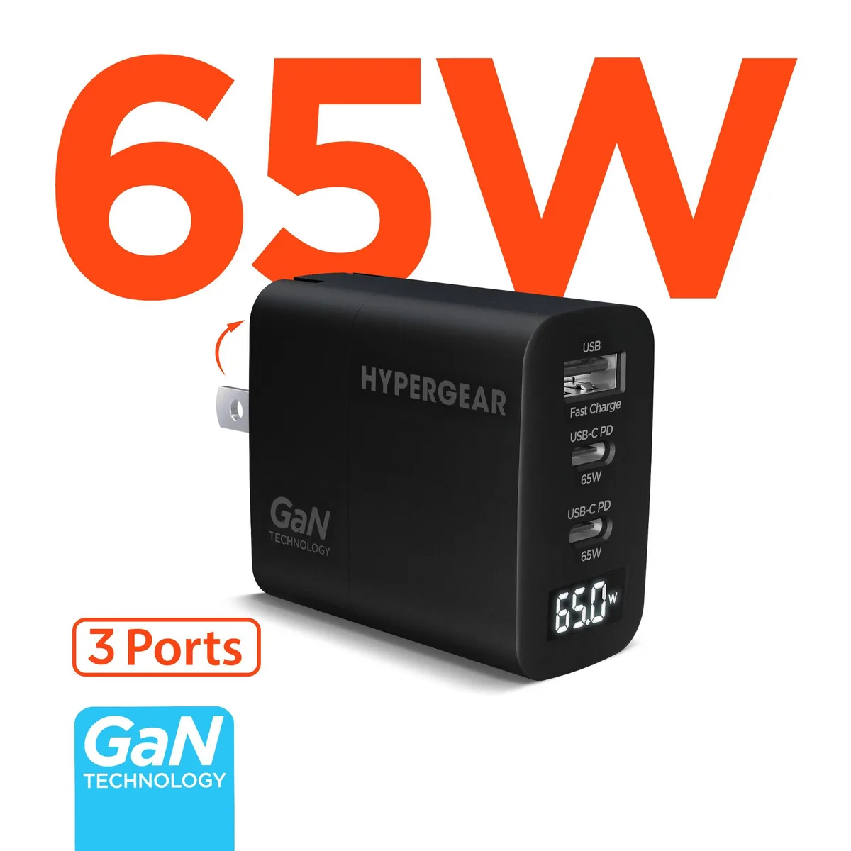 HyperGear HyperGear SpeedBoost 65W Tri-Port GaN Charger with PPS and Digital Display — product photo
