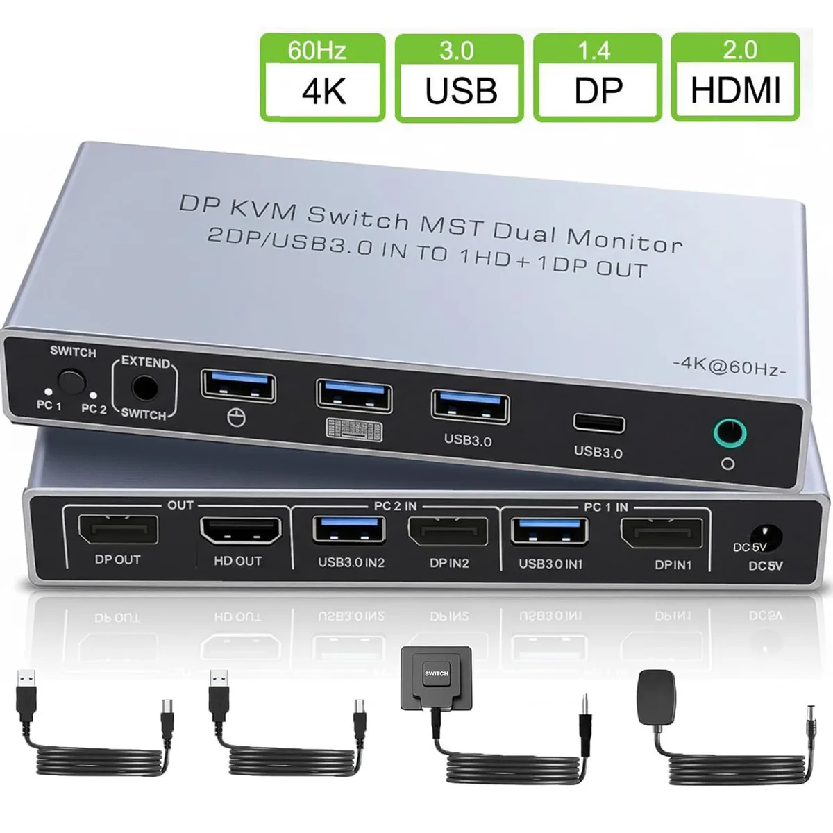 WRIARICH WRIARICH DP202 MST 2-Port DP KVM Switch 4K 60Hz HDMI+DP Out 4 USB 3.0 — product photo