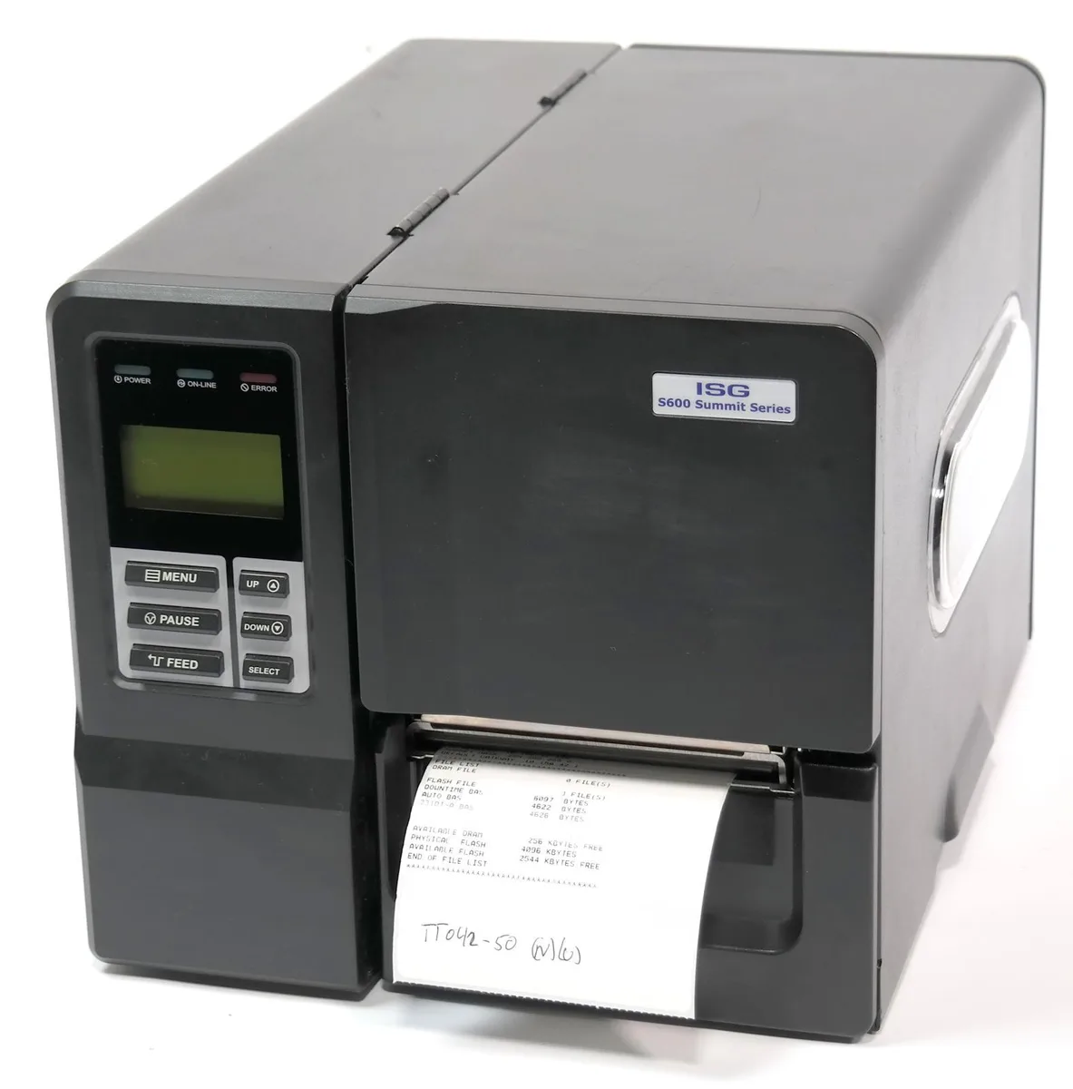 Rectangular industrial barcode printer in grey and black with front media window