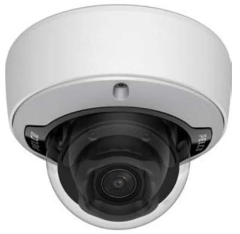 White indoor dome network camera with clear bubble lens and mounting base