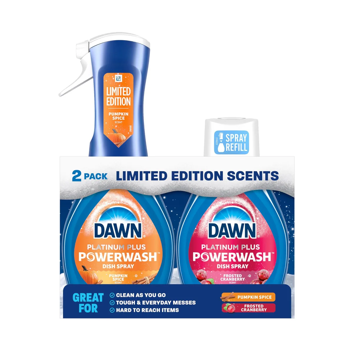 Cardboard box containing one spray bottle and one refill bottle, both 16 fl oz, pumpkin spice and frosted cranberry scent