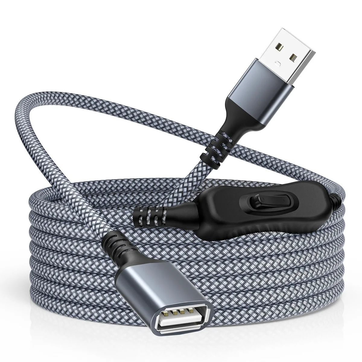 RUXELY USB 2.0 Type A Extension Cable with On/Off Switch 3.3FT Grey Braided — product photo