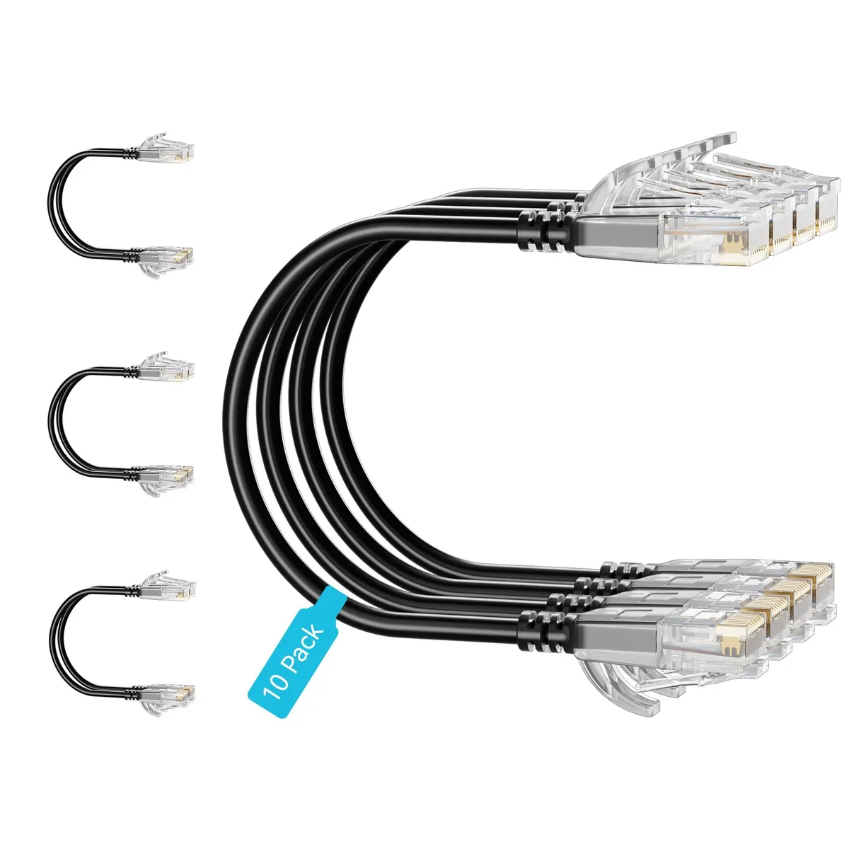 Ten black ultra-slim Cat6 patch cables with RJ45 connectors, .5 ft each