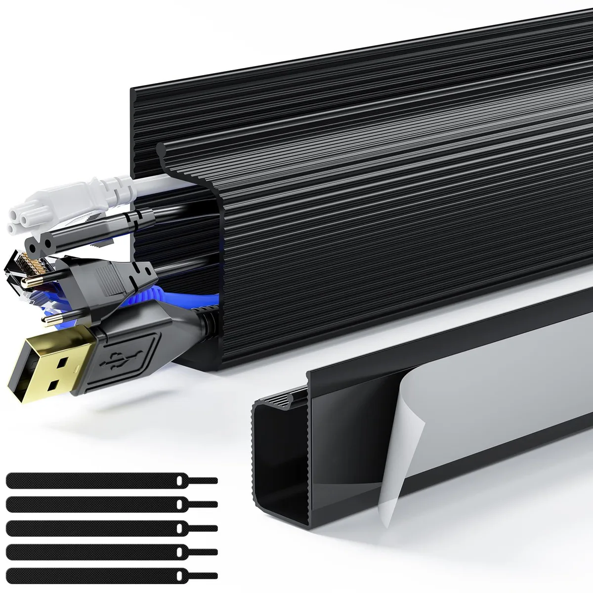 Two black self-adhesive cable trays, 15.7 inches long, rectangular low-profile form factor
