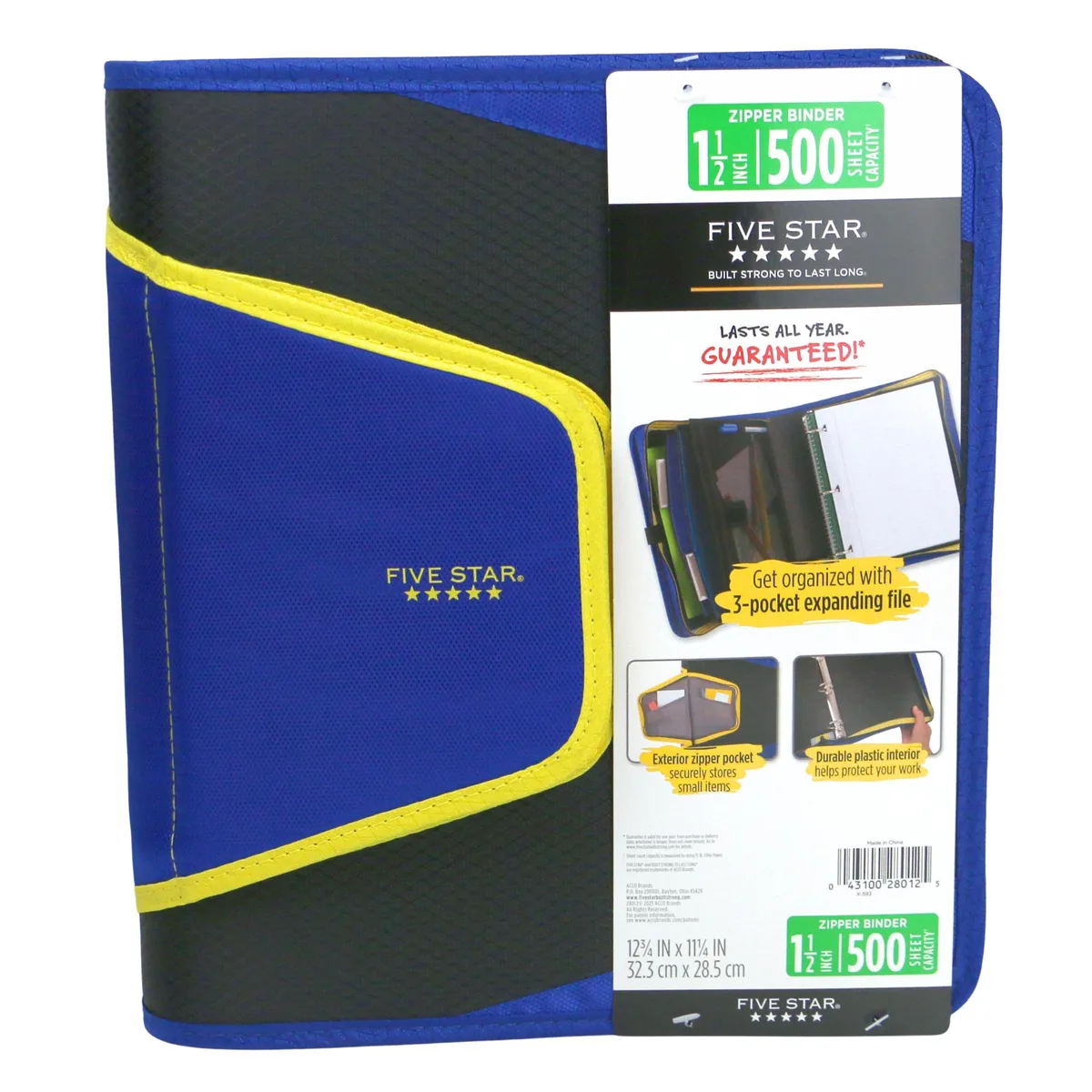 FIVE STAR FIVE STAR 1-1/2 inch Zipper Binder 3-pocket file Blue Black Yellow 28012 — product photo