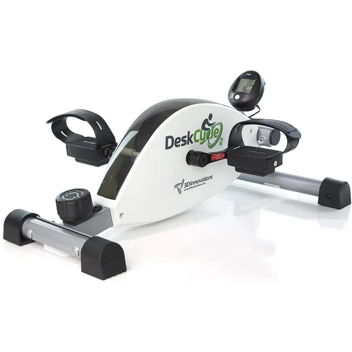 Compact under-desk pedal exerciser with magnetic resistance flywheel and strap pedals